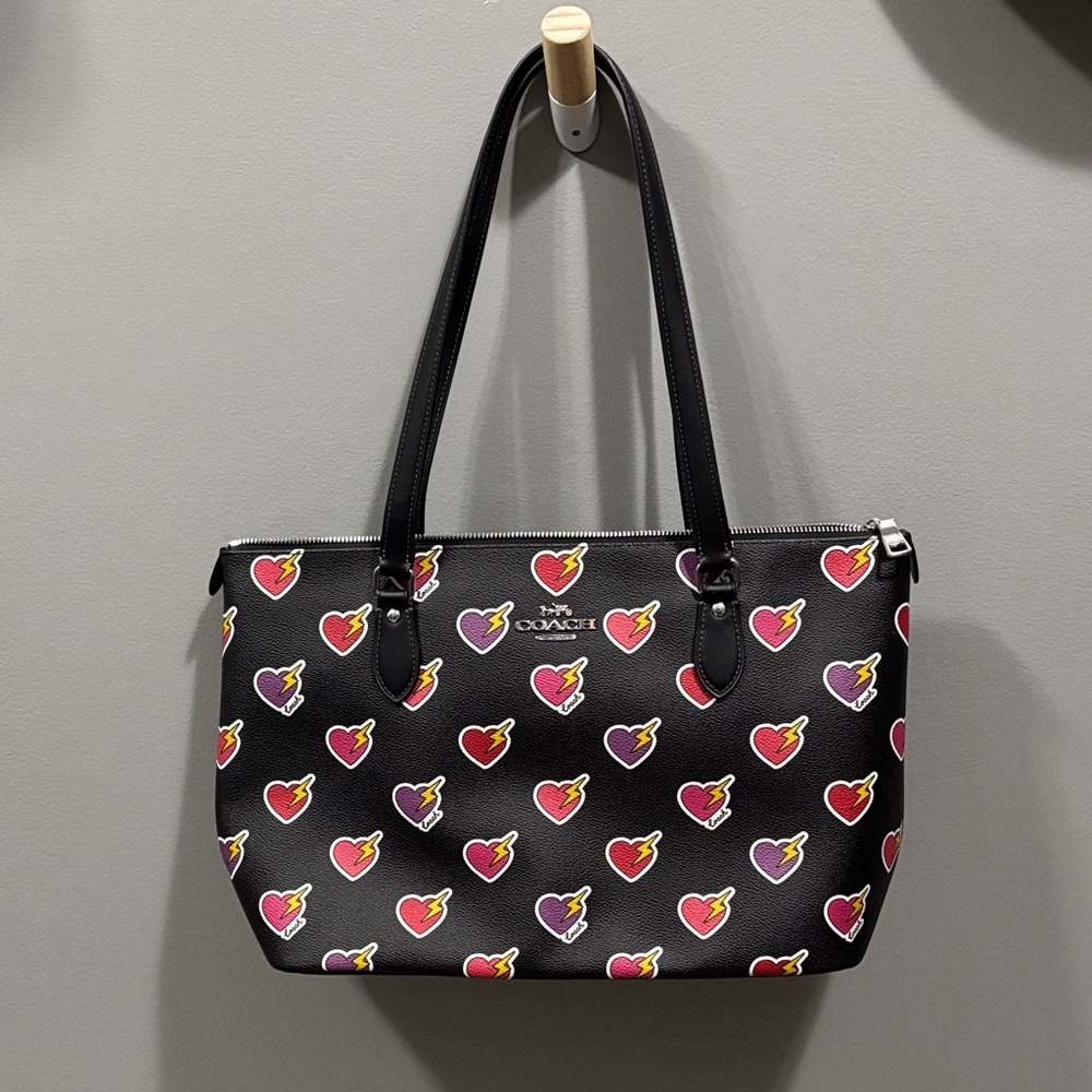 Coach Black Tote with Colorful Heart Print